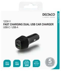 Deltaco 12/24V USB-billaddare 1xUSB-A 1xUSB-C 36W