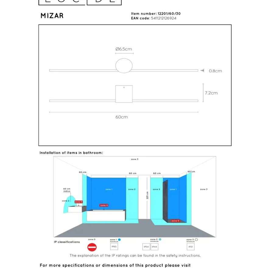 Lucide Mizar 60 Vägglampa Badrum